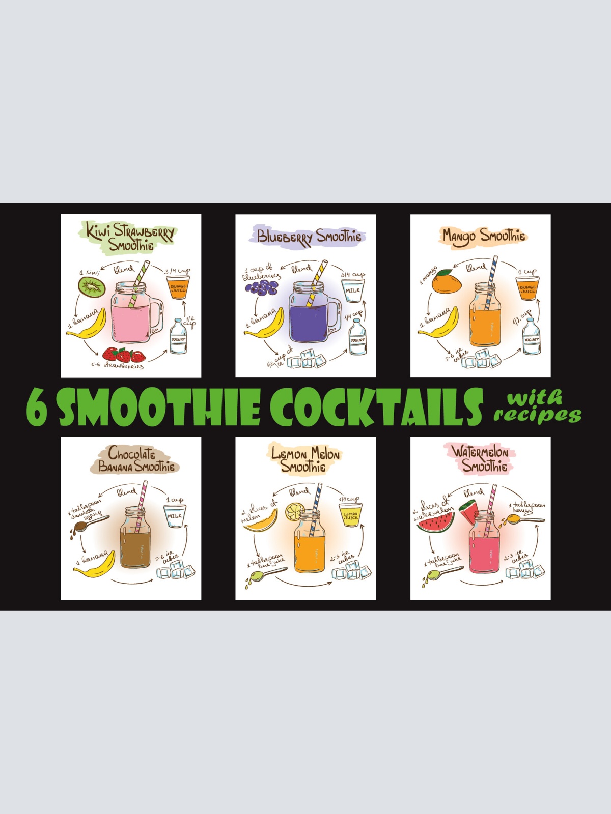 Nostalgie Schild 6 Smoothie Cocktails 12x18 / 20x30 / 30x40 Blech od. Holz