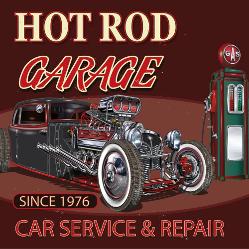 Nostalgie Schild Hot Rod Garage Service Auto 12x18 / 20x30 / 30x40 Blech od.Holz