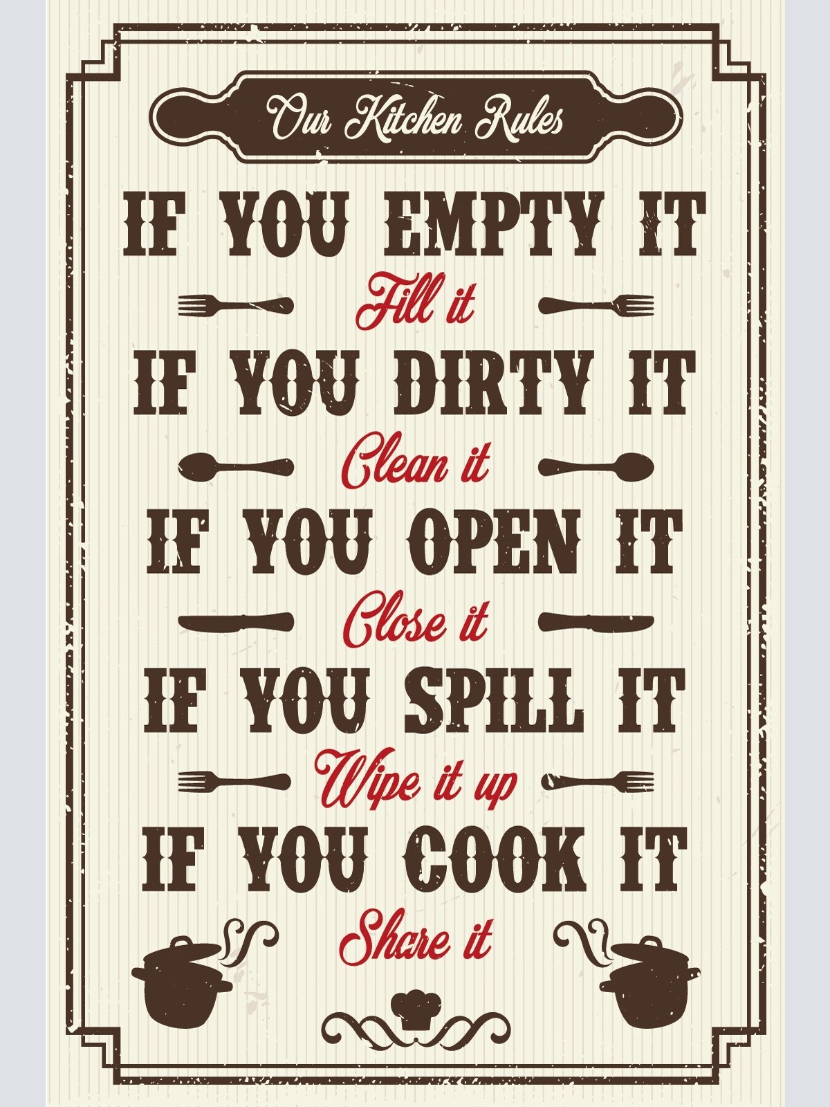 Nostalgie Schild Kitchen Rules Küche Regeln 12x18 / 20x30 / 30x40 Blech od. Holz