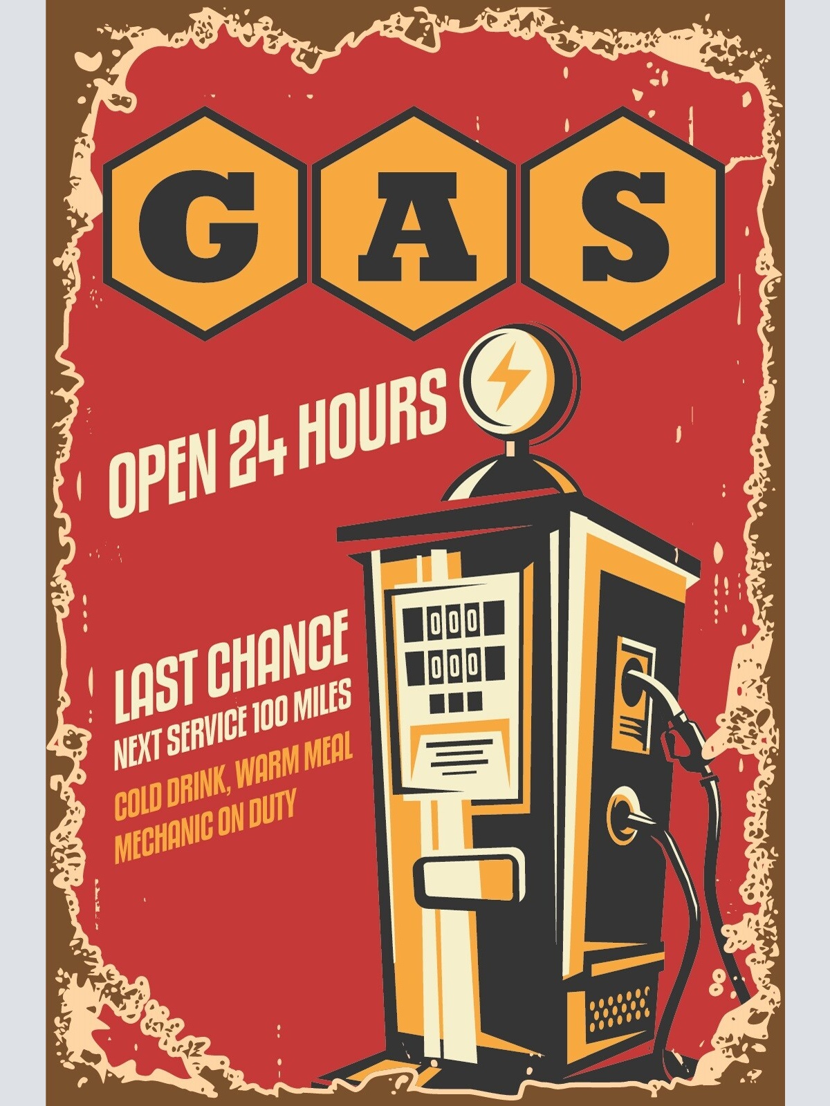 Nostalgie Schild Gas Open 24 hrs Tankstelle 12x18 / 20x30 / 30x40 Blech od. Holz