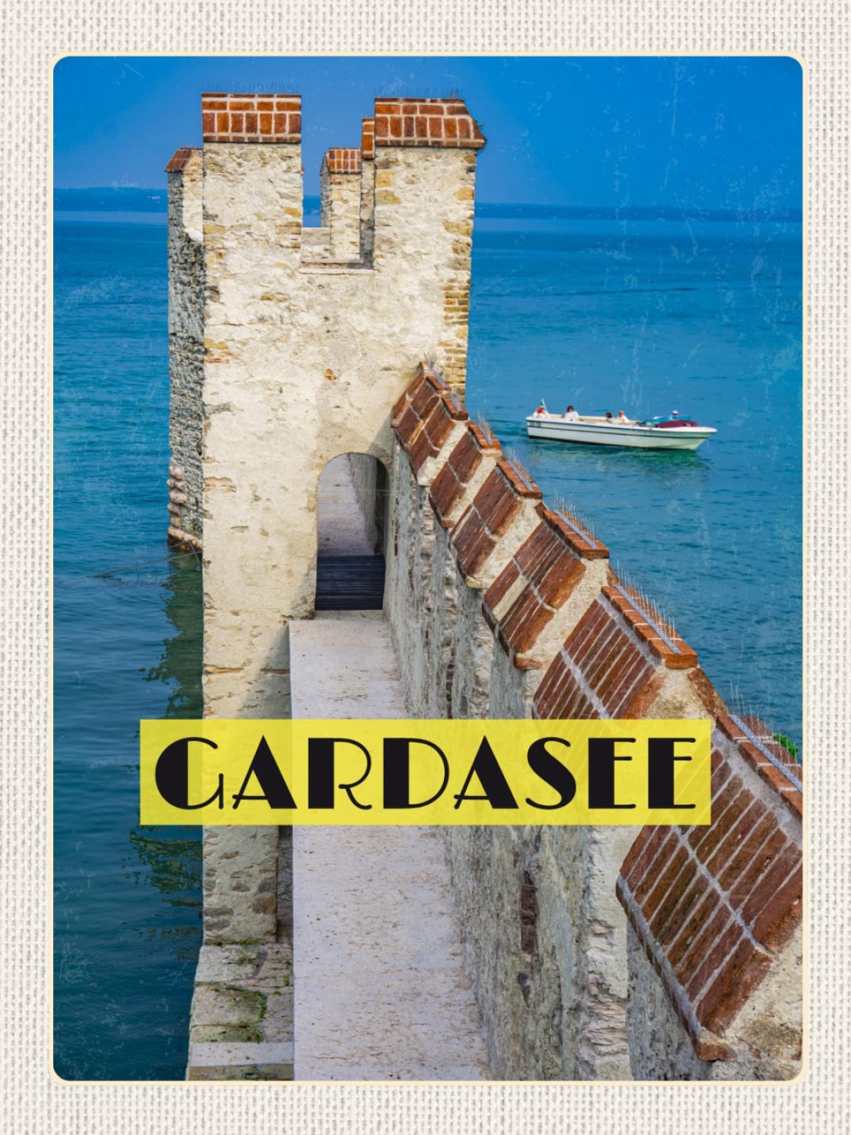Schild Gardasee Italien See Schiff Turm Mauer 12x18 20x30 30x40 Blech od. Holz
