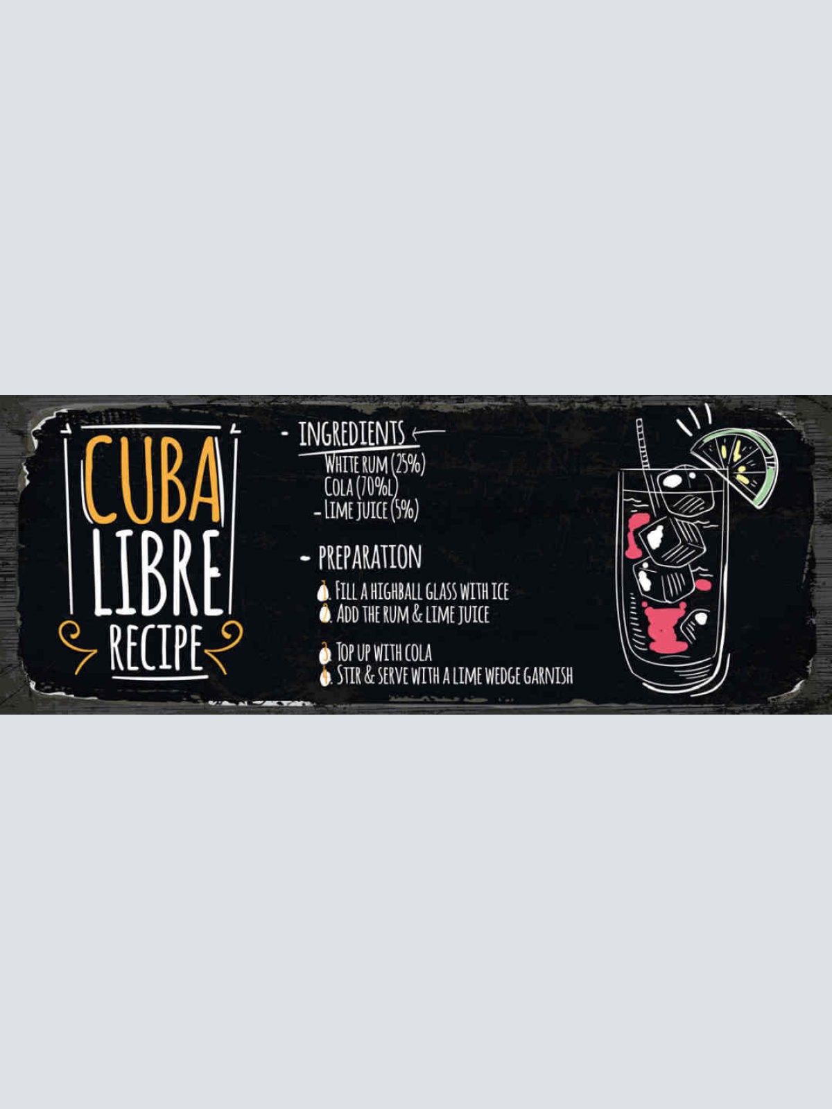 Schild Cuba Libre Cocktail Rezept Bar Alkohol Drink Rum Cola 27x10 Blech od.Holz