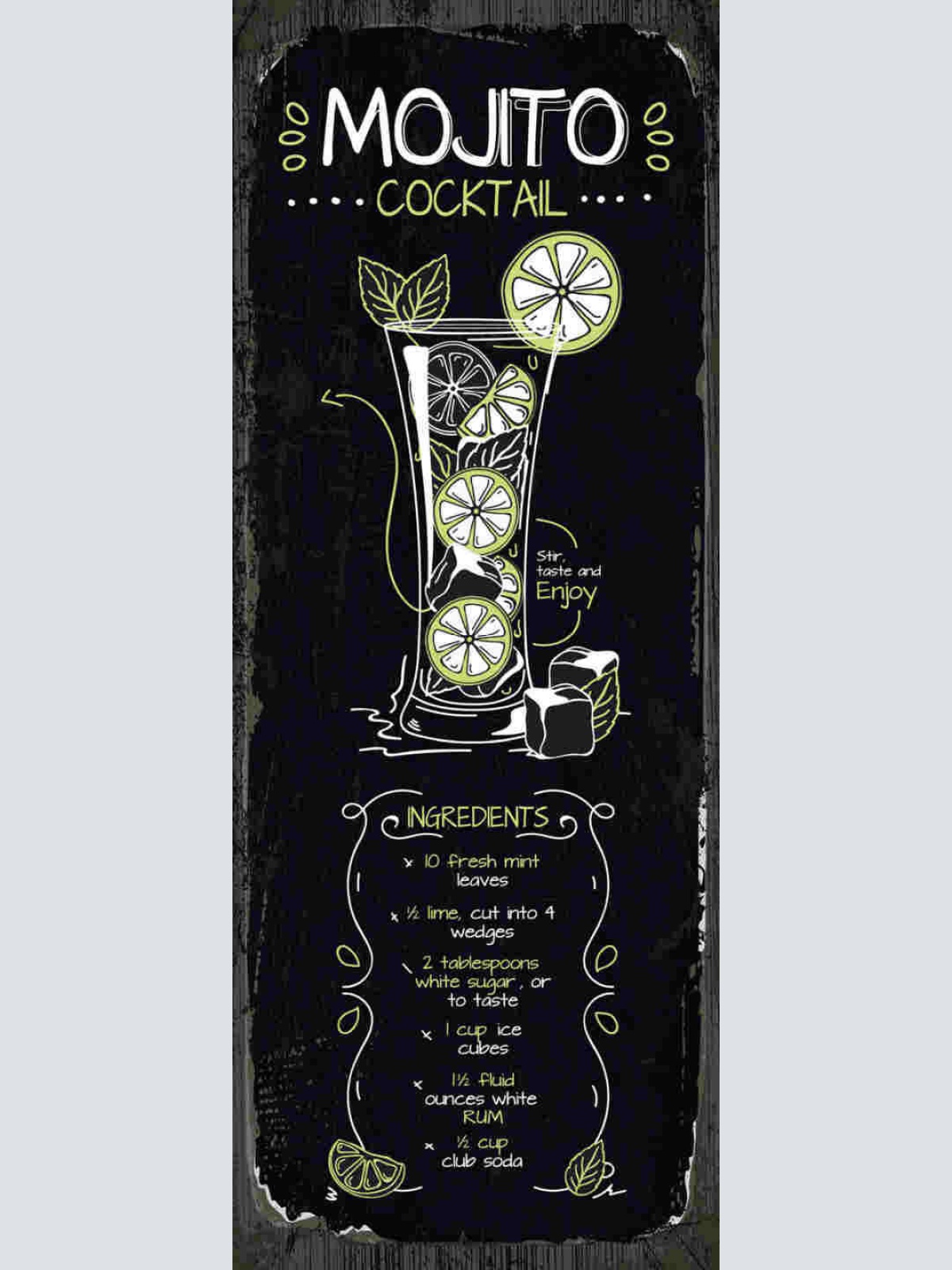 Schild Mojito Cocktail Rezept Bar Alkohol Drink Rum Minze 27x10 Blech od.Holz