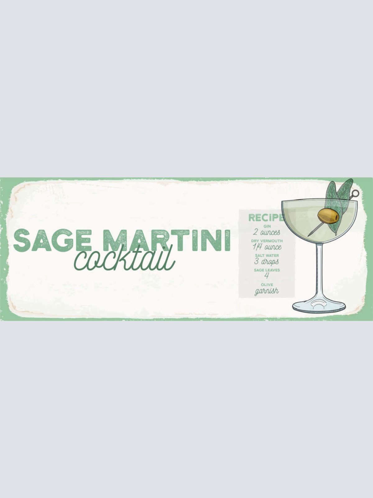 Schild Sage Martini Cocktail Rezept Bar Alkohol Drink Gin 27x10 Blech od.Holz
