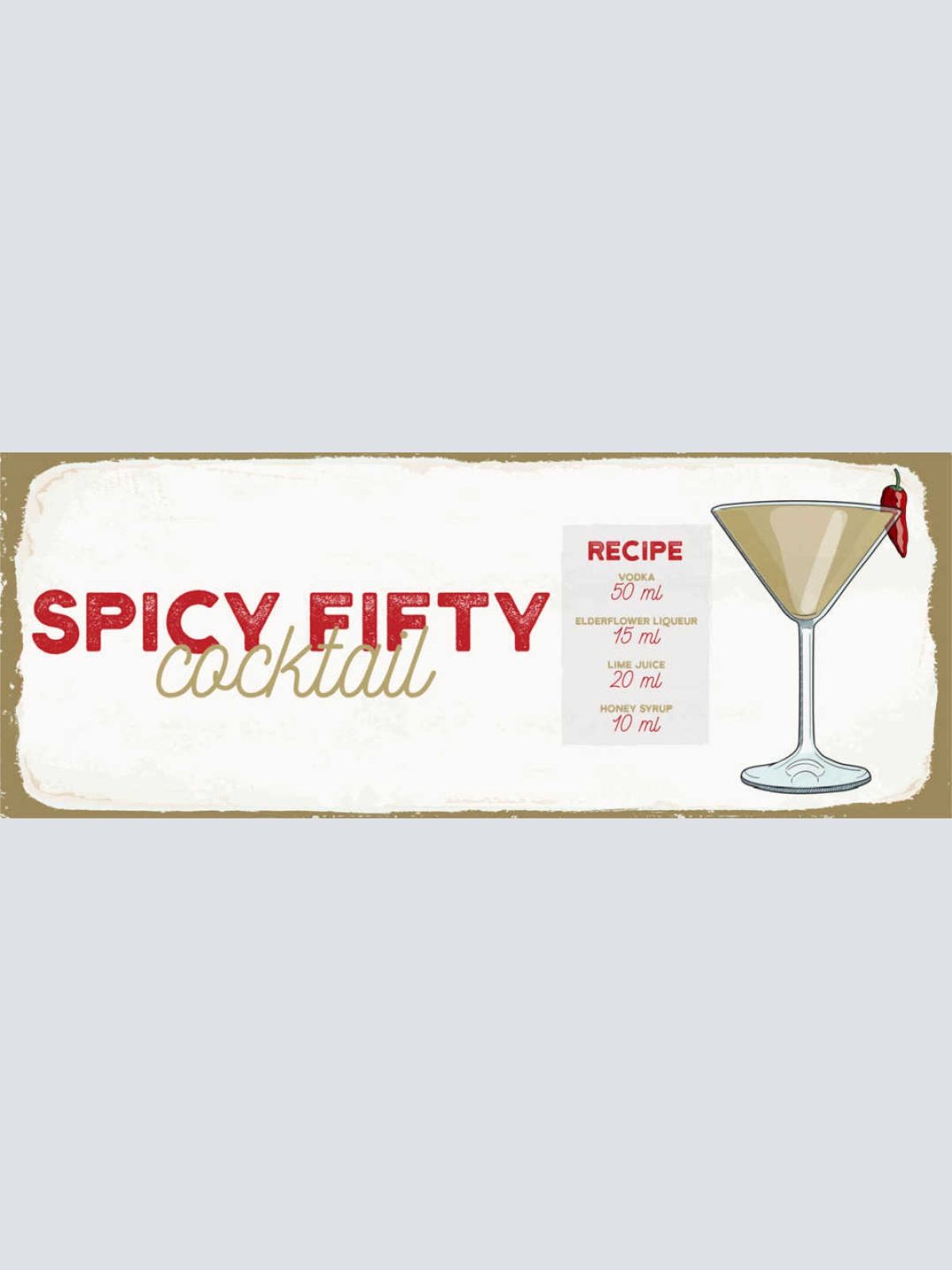 Schild Spicy Fifty Cocktail Rezept Bar Alkohol Drink Wodka 27x10 Blech od.Holz