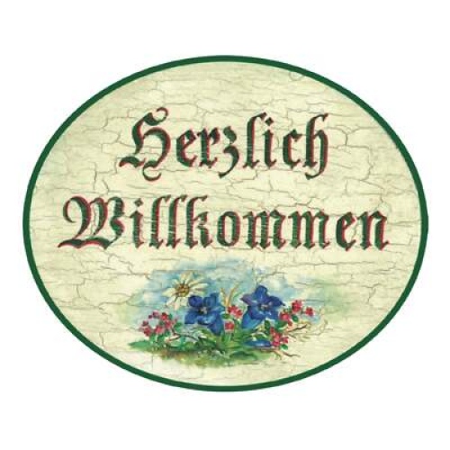 K&K Nostalgie Holzschild Herzlich Willkommen Alpenblume