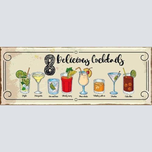 Schild 8 Delicious Cocktails Mojito Gin & Tonic Bar Drinks 27x10 Blech od.Holz