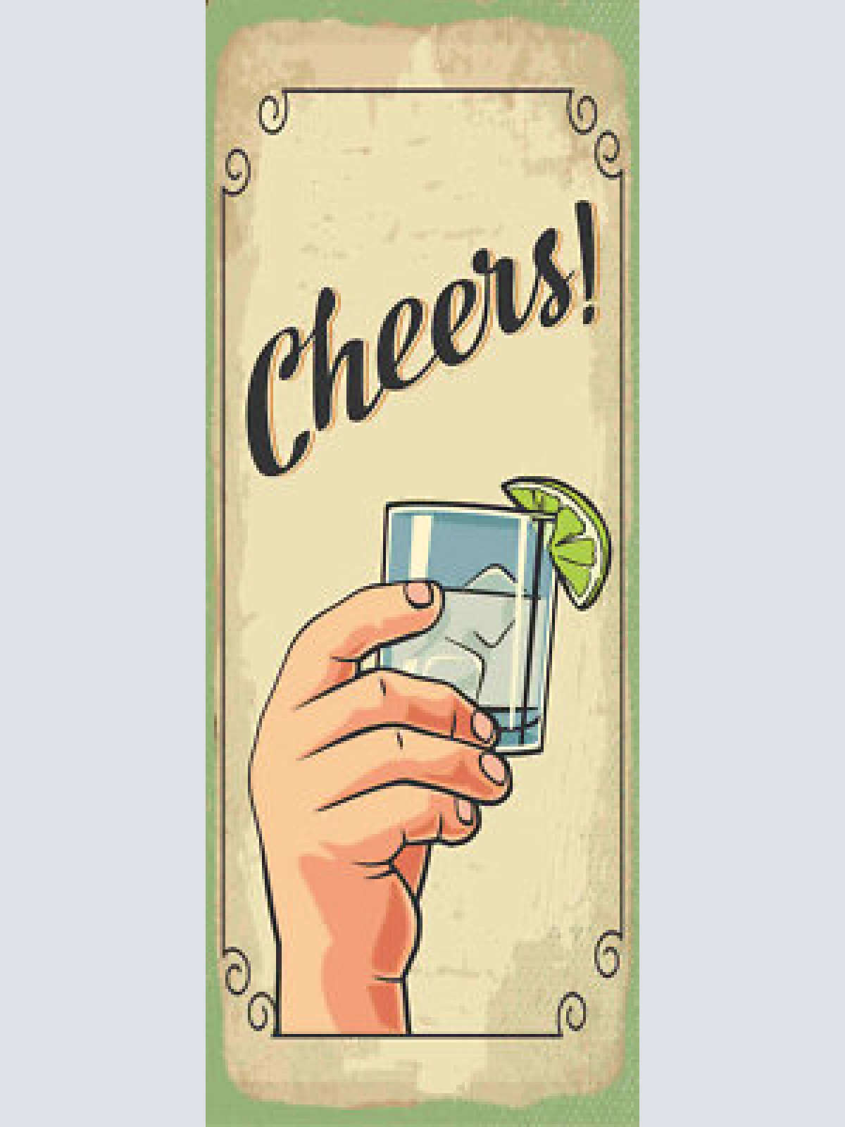 Schild cheers prost alkohol trinken drink spirituose bar 27x10 blech od.holz