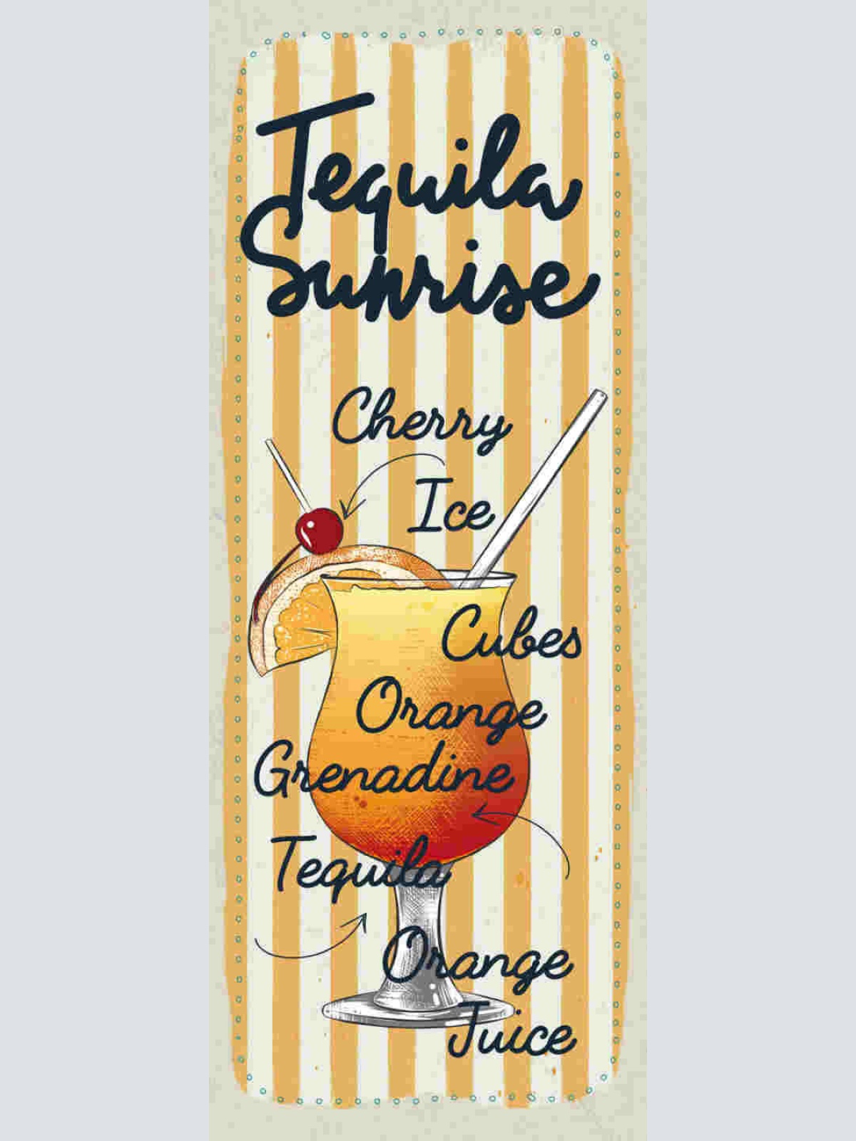 Schild Tequila Sunrise Rezept Orange Ice Alkohol Drinks Bar 27x10 Blech od.Holz