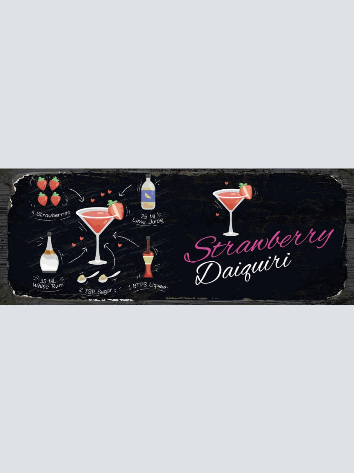 Schild Strawberry Daiquiri Cocktail Rezept Bar Alkohol Drink 27x10 Blech od.Holz