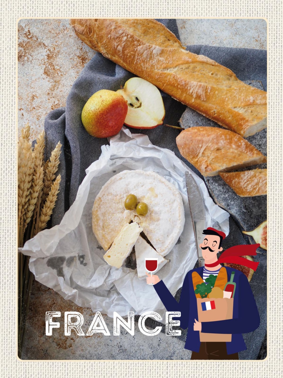 Schild France Frankreich Camembert Käse Baguette 12x18 20x30 30x40 Blech/Holz