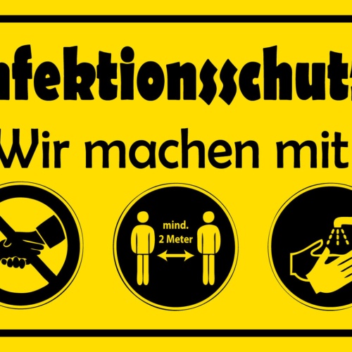 Schild Spruch Infektionsschutz Hygiene Wir machen mit Mindestabstand JW