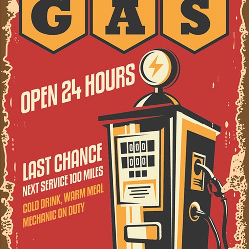 Schild Spruch Gas Benzin Tankstelle open 24 hours Immer geöffnet Comic JW