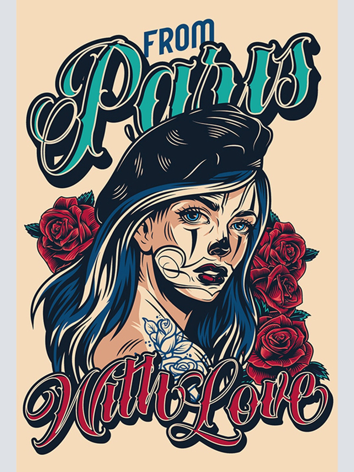 Schild Spruch From Paris with Love Liebesgrüße aus Paris Tattoo Frau Comic JW