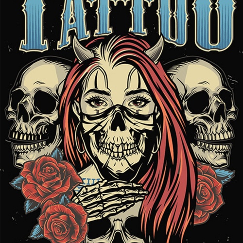 Schild Spruch International Tattoo Convention Messe Frau Comic Totenkopf JW