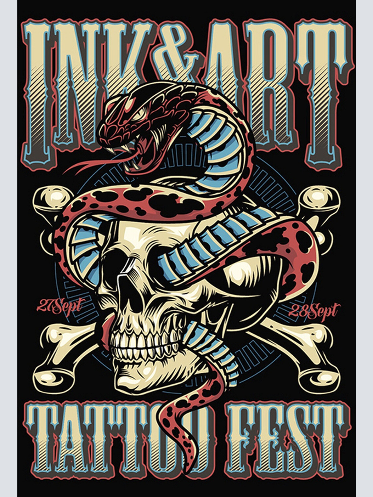 Schild Spruch Ink & Art Tattoo Fest Totenkopf Schlange Comic JW