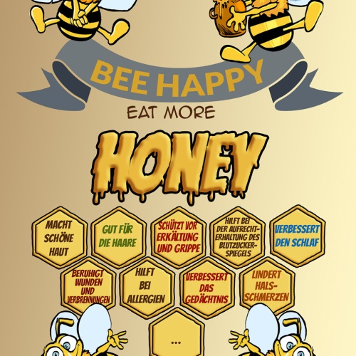 Schild Spruch Bee Happy Eat more honey Sei fröhlich Iss mehr Honig Biene JW