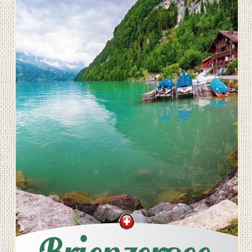 Schild Spruch Brienzersee Switzerland Schweiz Berg Häuser Boote JW