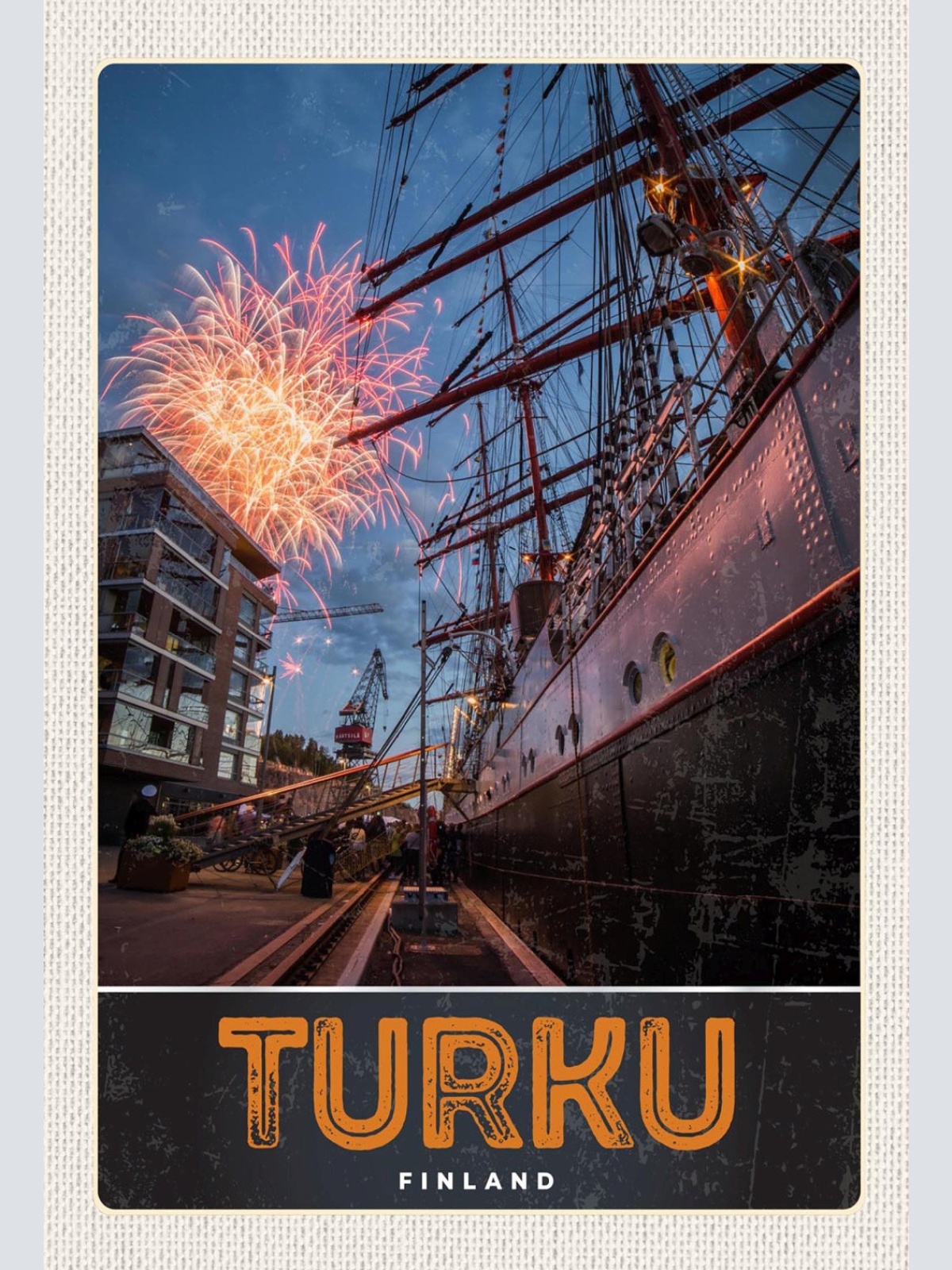 Schild Spruch Turku Finland Finnland Hafen Schiff Feuerwerk JW