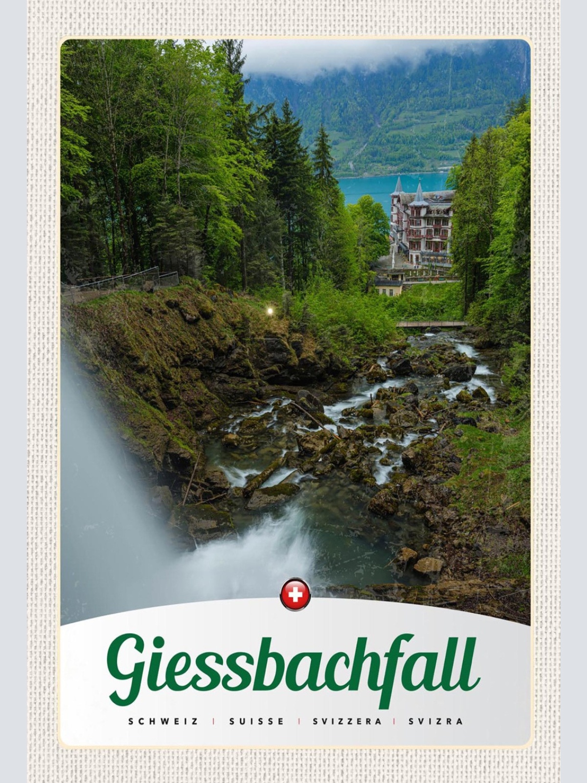 Schild Spruch Giessbachfall Wasserfall Switzerland Schweiz Wald Häuser JW