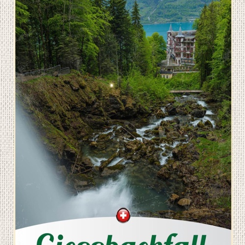 Schild Spruch Giessbachfall Wasserfall Switzerland Schweiz Wald Häuser JW