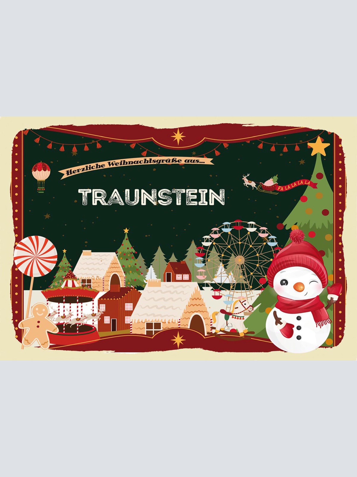 Schild Spruch Herzliche Weihnachtsgrüße aus Traunstein Comic Schneemann JW