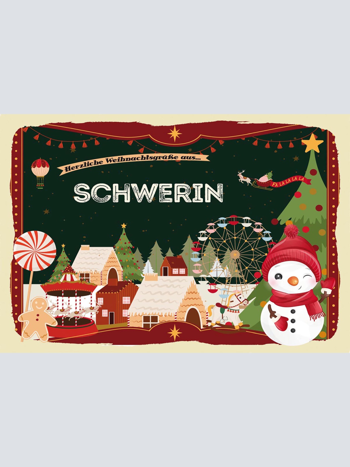 Schild Spruch Herzliche Weihnachtsgrüße aus Schwerin Comic Schneemann JW