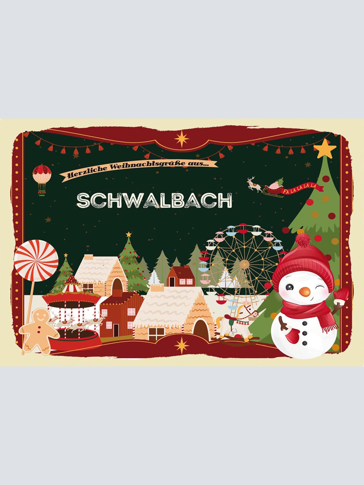 Schild Spruch Herzliche Weihnachtsgrüße aus Schwalbach Comic Schneemann JW
