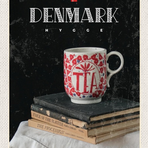 Schild Spruch Hygge Denmark Dänemark Bücher Teetasse JW