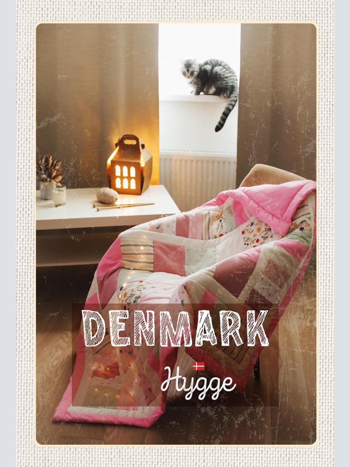 Schild Spruch Hygge Denmark Dänemark Katze Sessel JW