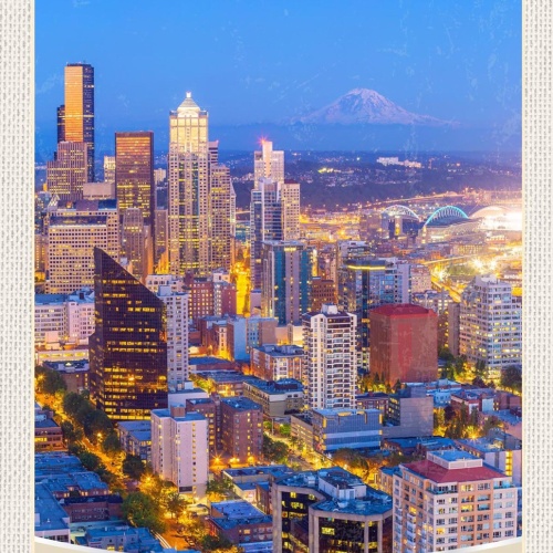 Schild Spruch Seattle USA Stadt Nacht Hochhäuser Berg JW