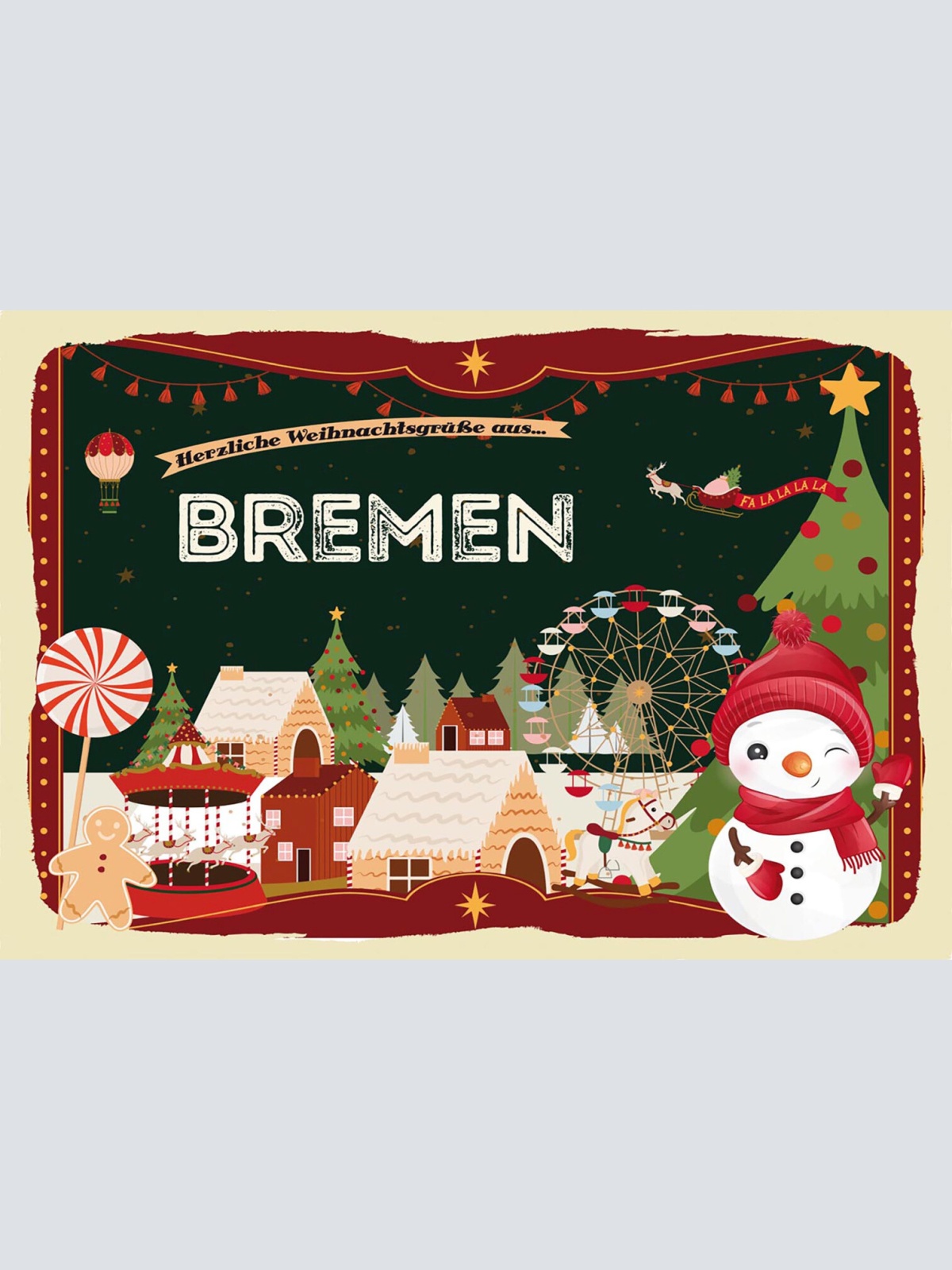 Schild Spruch Herzliche Weihnachtsgrüße aus Bremen Comic Schneemann JW