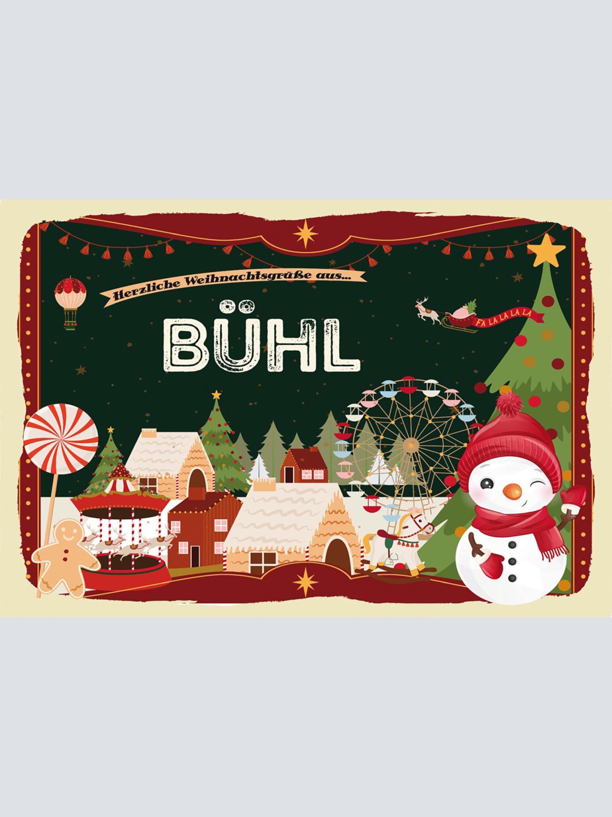 Schild Spruch Herzliche Weihnachtsgrüße aus Bühl Comic Schneemann JW