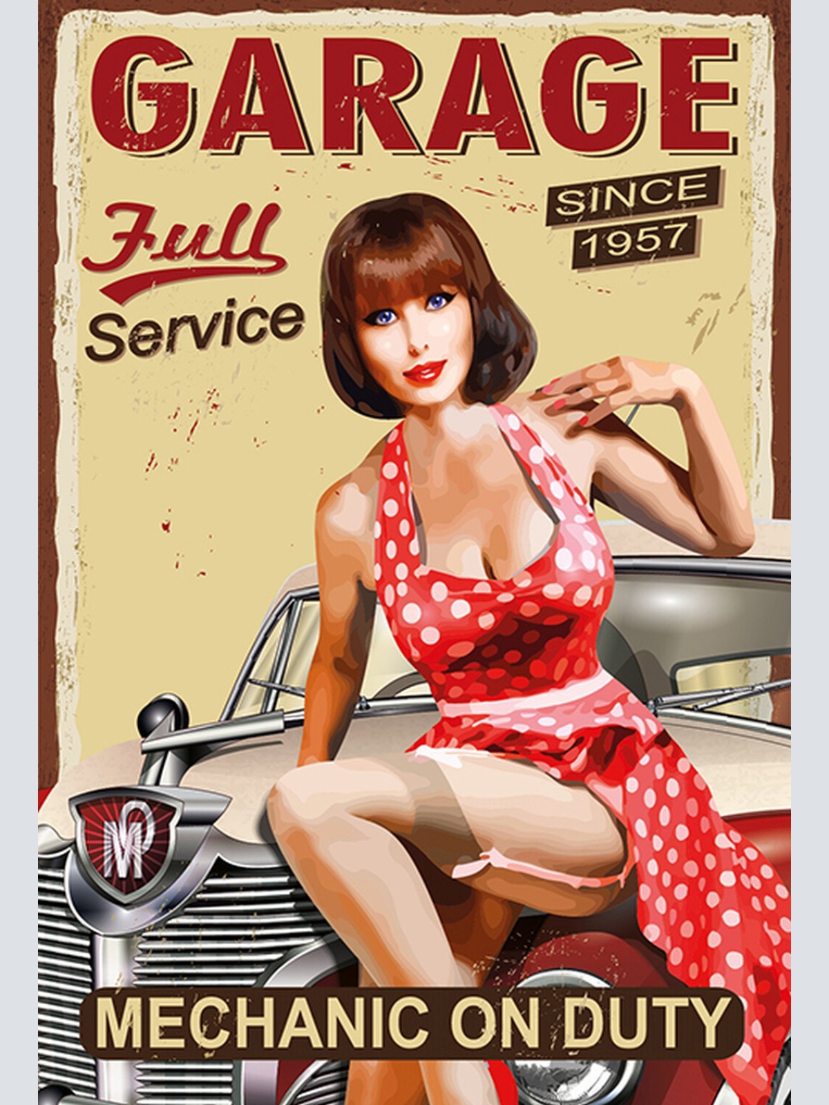 Schild Spruch Garage Full service Autowerkstatt Frau Sexy Oldtimer Comic JW