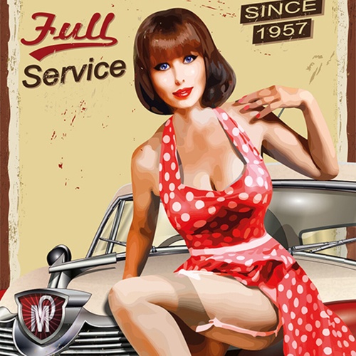 Schild Spruch Garage Full service Autowerkstatt Frau Sexy Oldtimer Comic JW