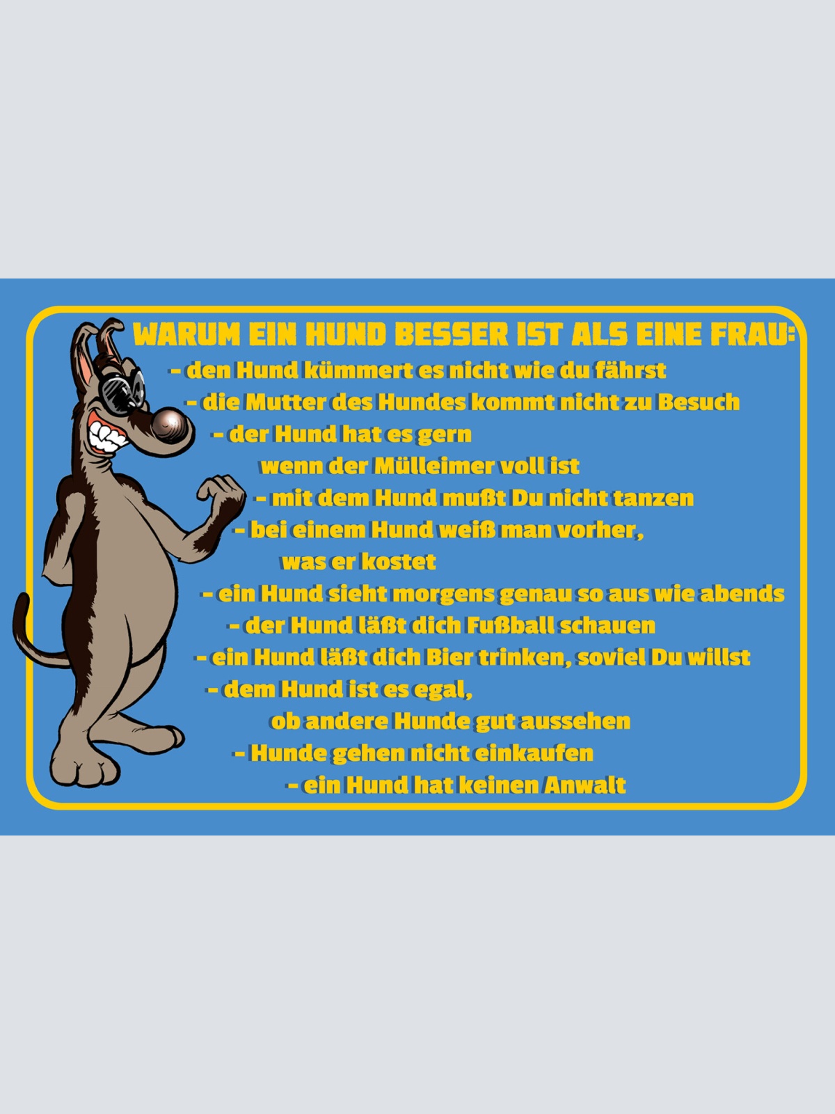 Schild Spruch Warum ein Hund besser ist als eine Frau Hund kümmert es nicht JW