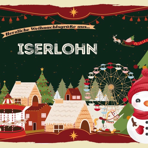 Schild Spruch Herzliche Weihnachtsgrüße aus Iserlohn Comic Schneemann JW