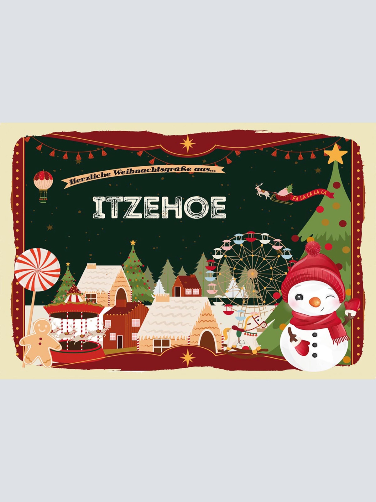 Schild Spruch Herzliche Weihnachtsgrüße aus Itzehoe Comic Schneemann JW