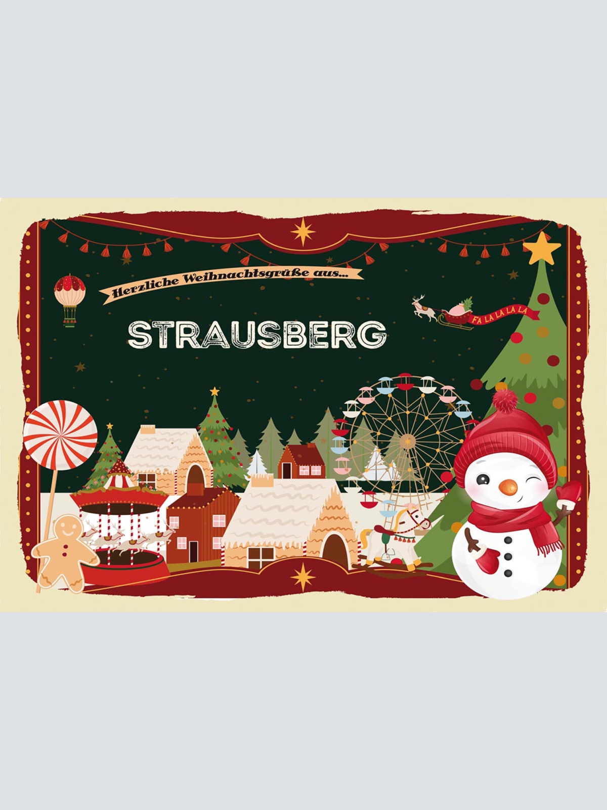 Schild Spruch Herzliche Weihnachtsgrüße aus Strausberg Comic Schneemann JW