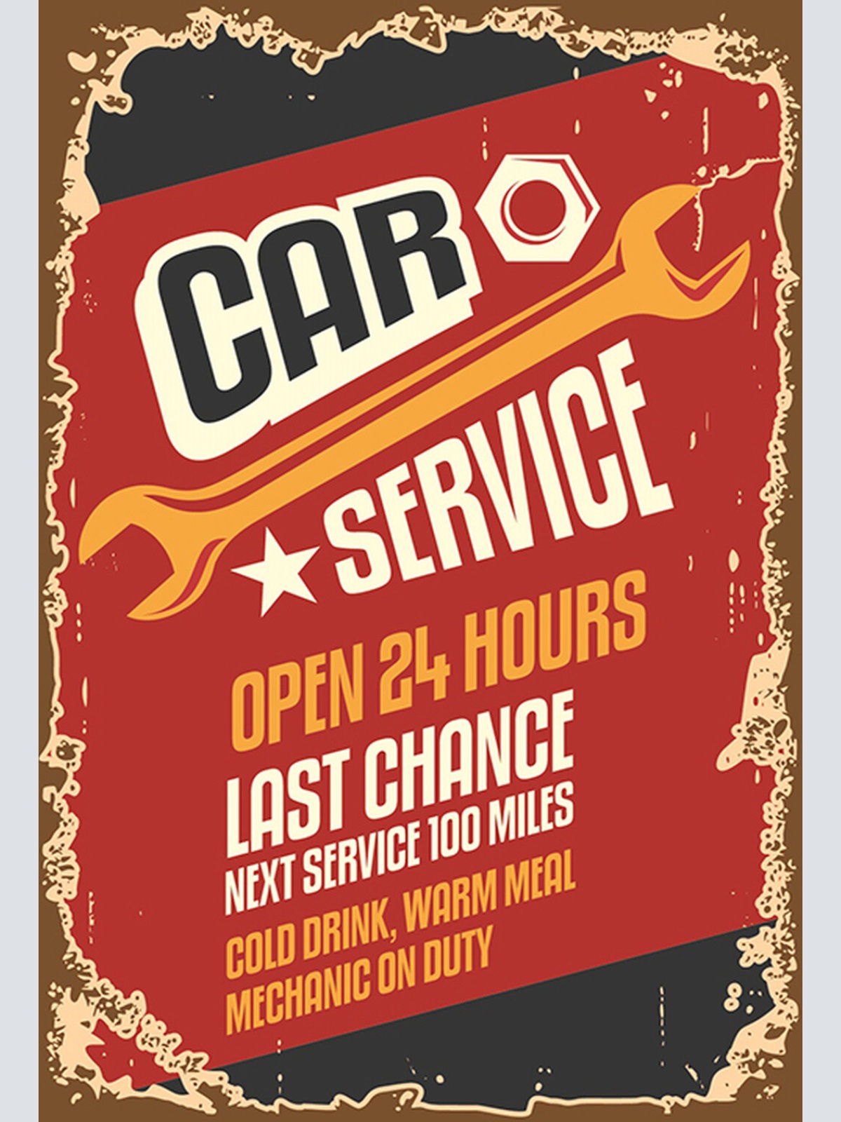 Schild Spruch Car Service Autowerkstatt Cold Drink Warm Meal Mechanic on duty JW