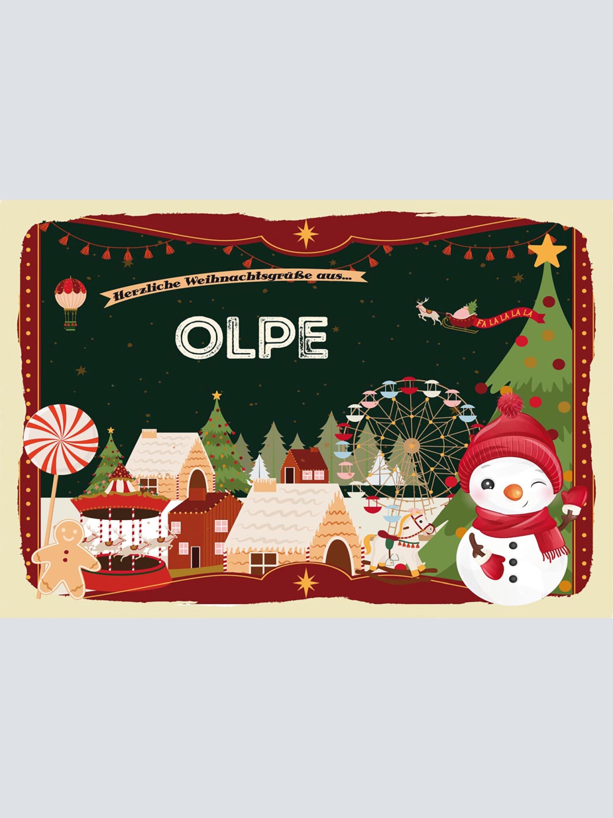 Schild Spruch Herzliche Weihnachtsgrüße aus Olpe Comic Schneemann JW