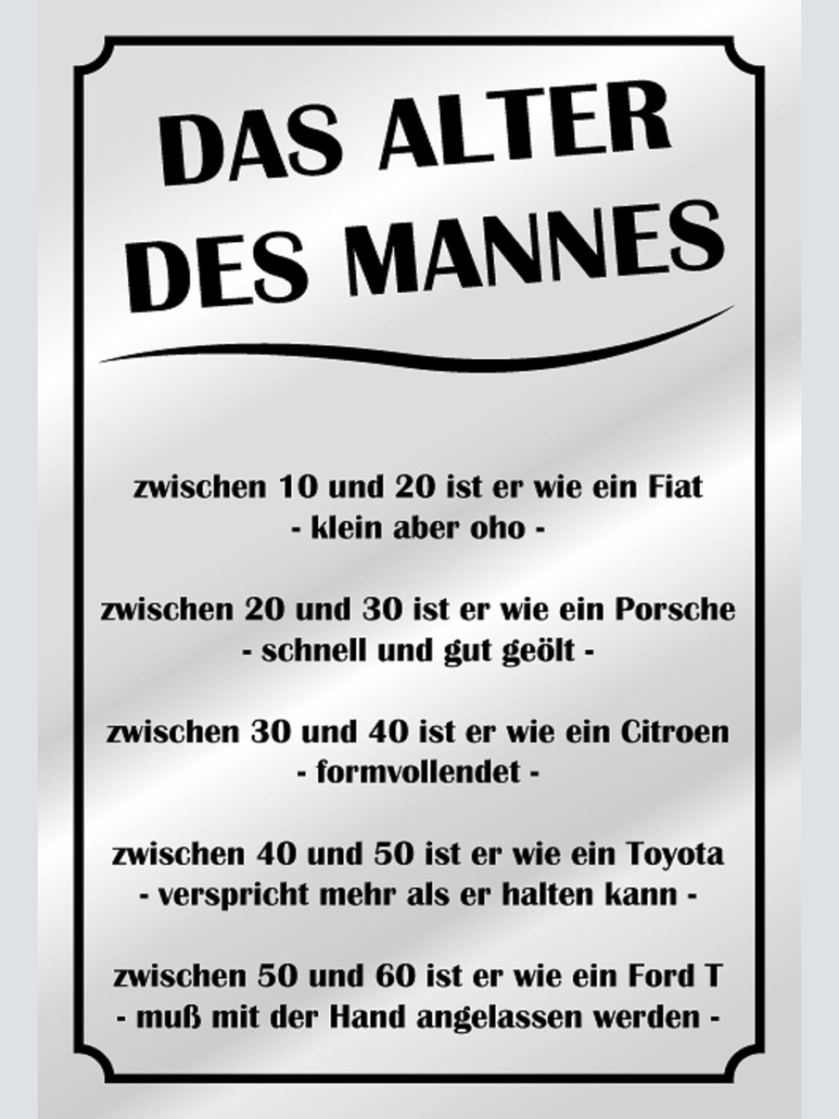 Schild Spruch Das Alter des Mannes zwischen 10 und 20 wie ein Fiat Auto JW
