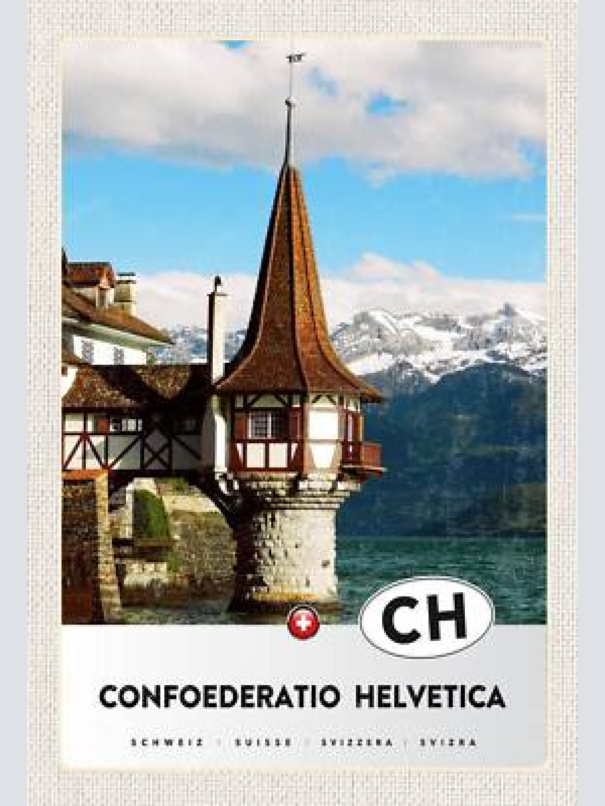 Schild spruch confoederatio helvetica switzerland schweiz see berge schloss jw