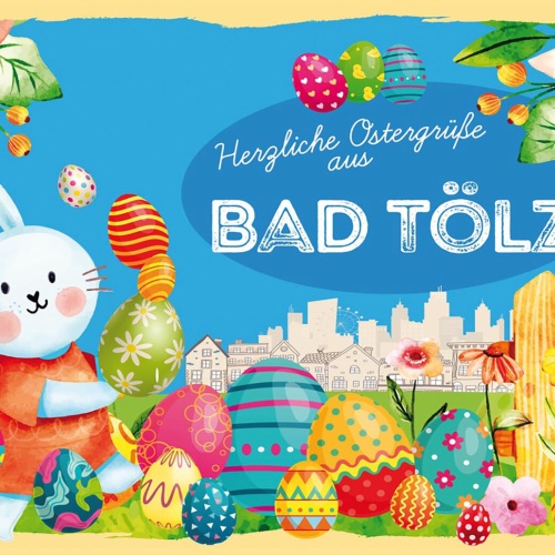 Schild Spruch Herzliche Ostergrüße aus Bad Tölz Osterhase Eier Comic JW