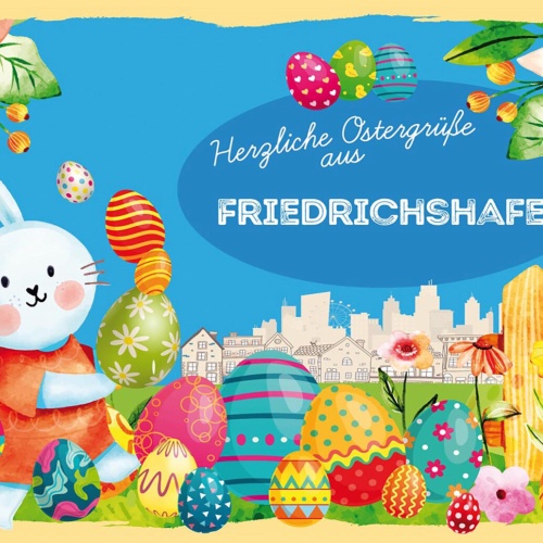 Schild Spruch Herzliche Ostergrüße aus Friedrichshafen Osterhase Eier Comic JW