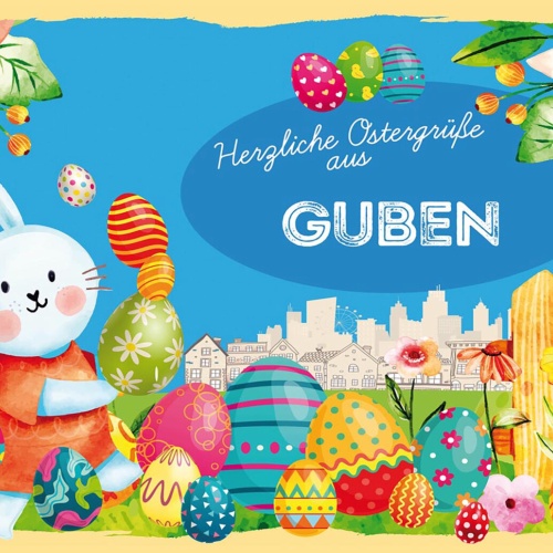 Schild Spruch Herzliche Ostergrüße aus Guben Osterhase Eier Comic JW