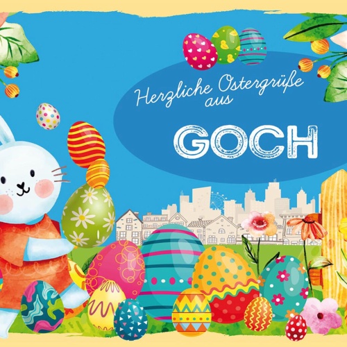 Schild Spruch Herzliche Ostergrüße aus Goch Osterhase Eier Comic JW