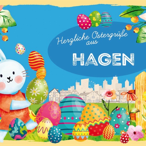 Schild Spruch Herzliche Ostergrüße aus Hagen Osterhase Eier Comic JW