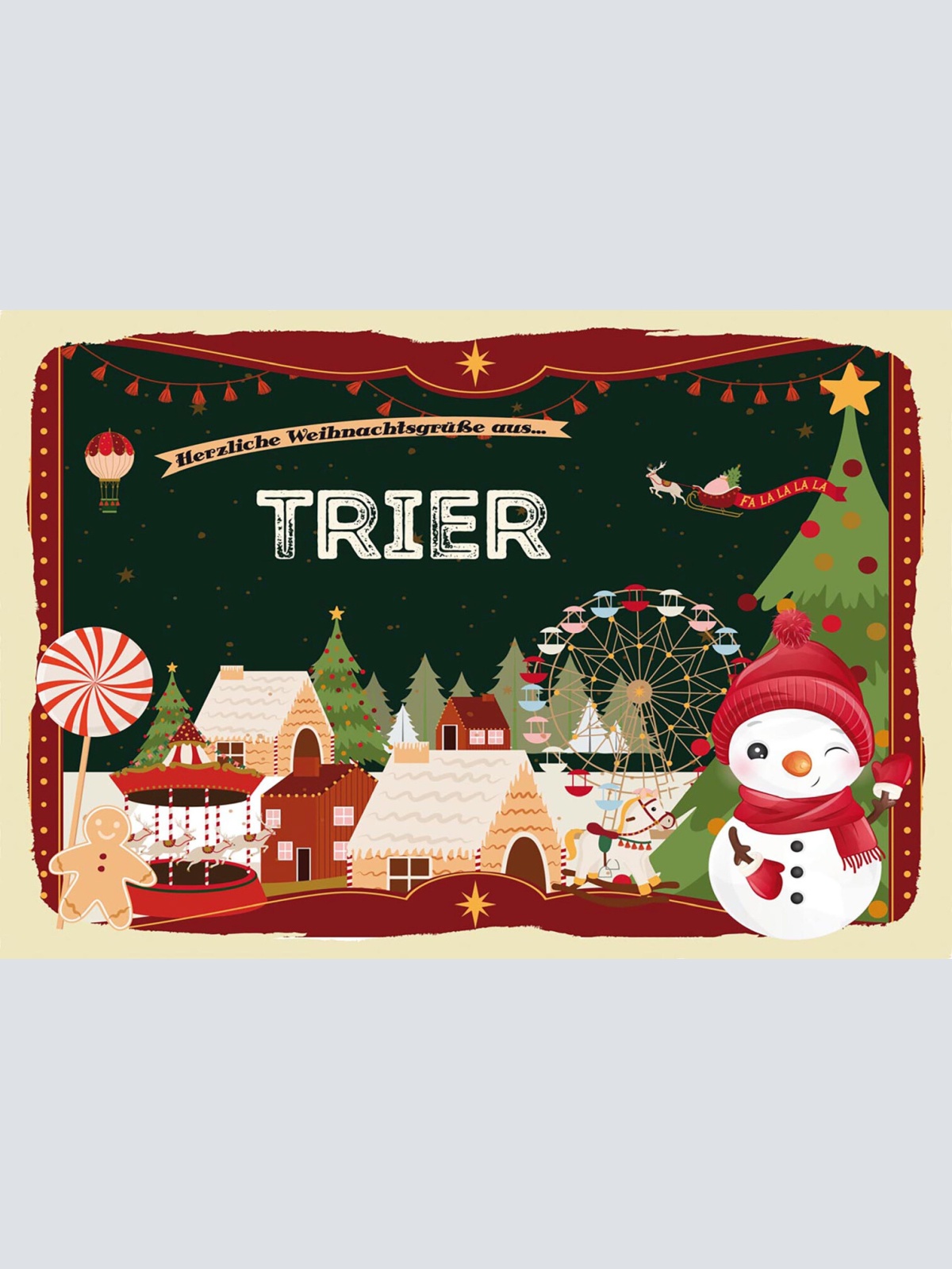 Schild Spruch Herzliche Weihnachtsgrüße aus Trier Comic Schneemann JW