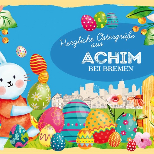 Schild Spruch Herzliche Ostergrüße aus Achim bei Bremen Osterhase Eier Comic JW